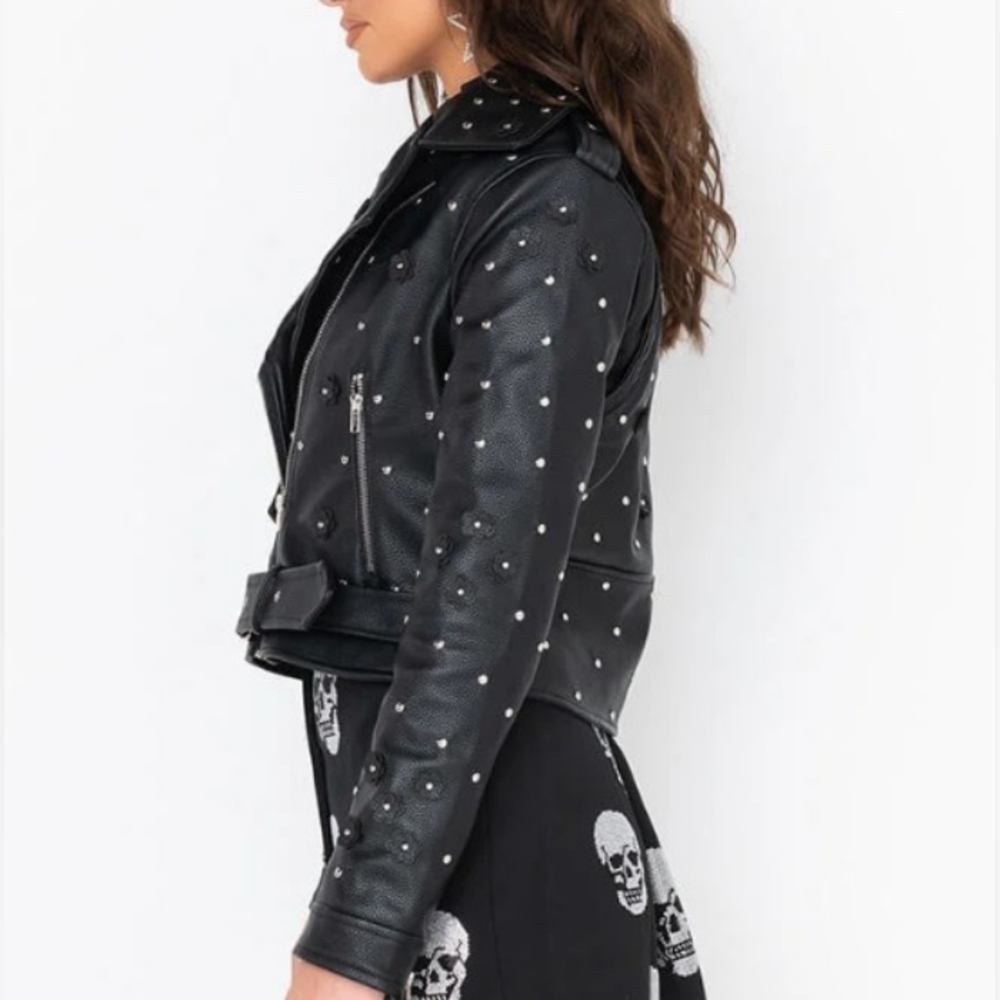 NWOT AZALEA WANG ANWAR BLACK FLOWER MOTO STUDDED JACKET SIZE S - Picture 4 of 16